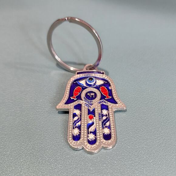Silver Tone Blue Evil Eye Hamsa Hand of Fatima Keychain - Picture 1 of 4
